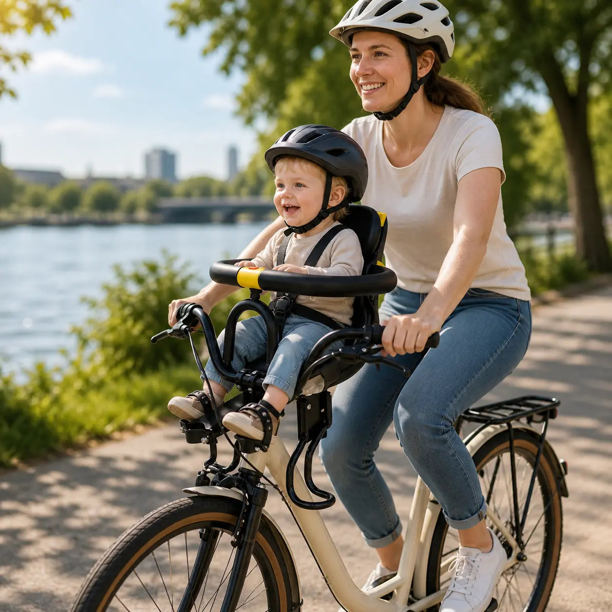 Siège vélo bébé avant BabyLunea ConfortRide – assise réglable et garde-corps enveloppant 